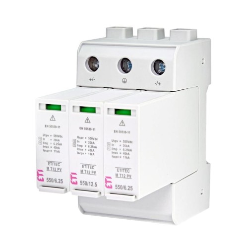 Protector contra sobretensiones PV DC Tipo 1+2 (B+C) 1100V 3P 20kA 3,8kV ETITEC M 1100/12,5 Y 002440511 ETI GPV-401-38