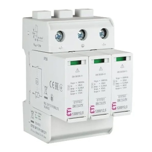 Protector contra sobretensiones PV DC Tipo 1+2 (B+C) 1200V 3P 12,5kA 4,4kV ETITEC SM T12 PV 1200/12,5 Y 002440630 ETI GPV-401-50
