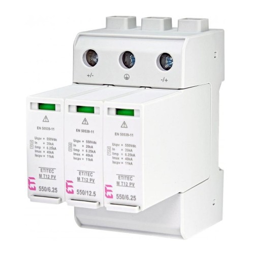 Protector contra sobretensiones PV DC tipo 1+2 (B+C) 1100V 3P 65kA 3,8kV ETITEC EM T12 PV 1100/6,25 Y 002440580 ETI GPV-401-64