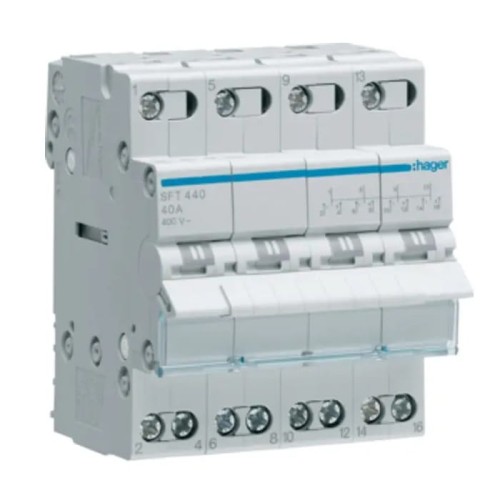 Interruptor modular de instalación I-0-II (1-0-2) punto común desde arriba 4P 40A 400VAC SFT440 HAGER GPV-401-68