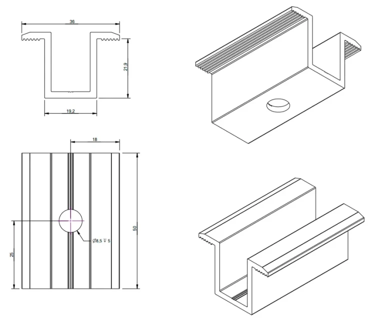 Pinza intermedia H24 aluminio 6060 orificio M8 pintado PV-04-15 (2)