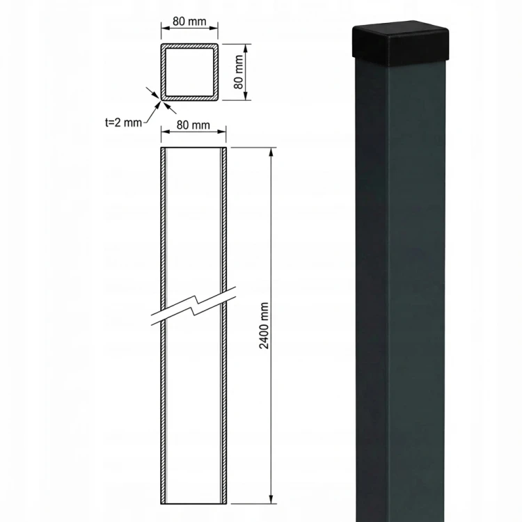 Poste de valla 80x80x2 mm, longitud 2,4 m, gris antracita GPV-700-73 (3)
