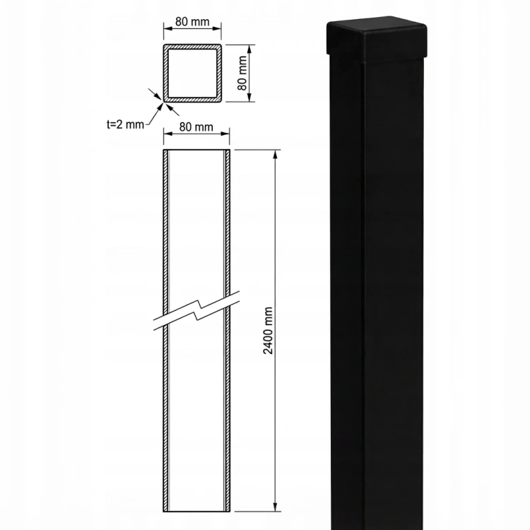 Poste de valla 80x80x2 mm, longitud 2,4 m, negro GPV-700-74 (3)