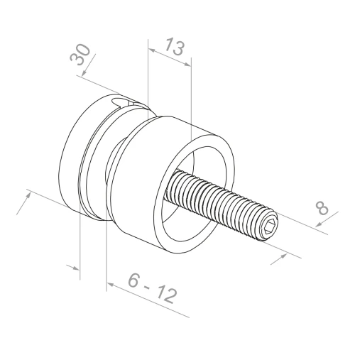 Soporte puntual para vidrio fi 30/13/M8x40 vidrio 6-12 mm AISI 304 sistema plano satinado 000-295 (2)