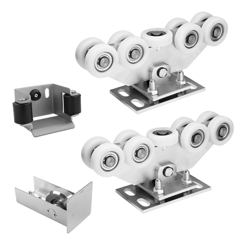 Paquete de carros para puerta corredera: 2× carro (9 ruedas, plástico) + accesorios 000-252 (1)