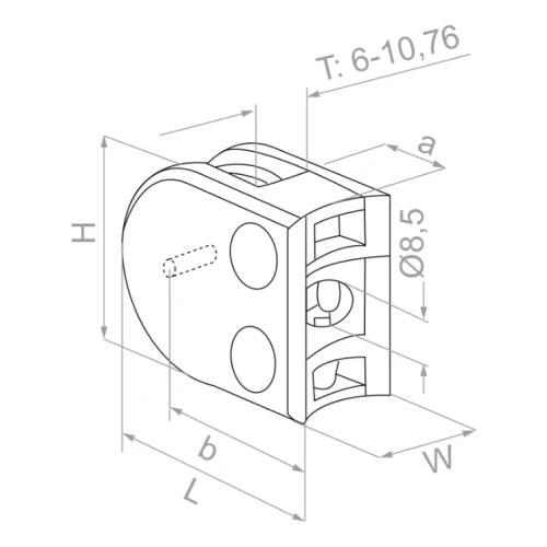 Soporte para vidrio 50x40x26 mm con pin, vidrio 6-10,76 mm, AISI 304, sistema 42,4, brillo 000-264 (3)