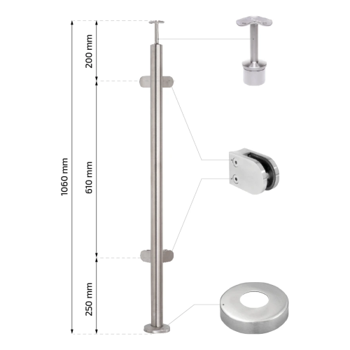 Poste de barandilla esquinero para vidrio ø 42,4x1060/1102,4mm 4 soportes pulido 000-559 (2)