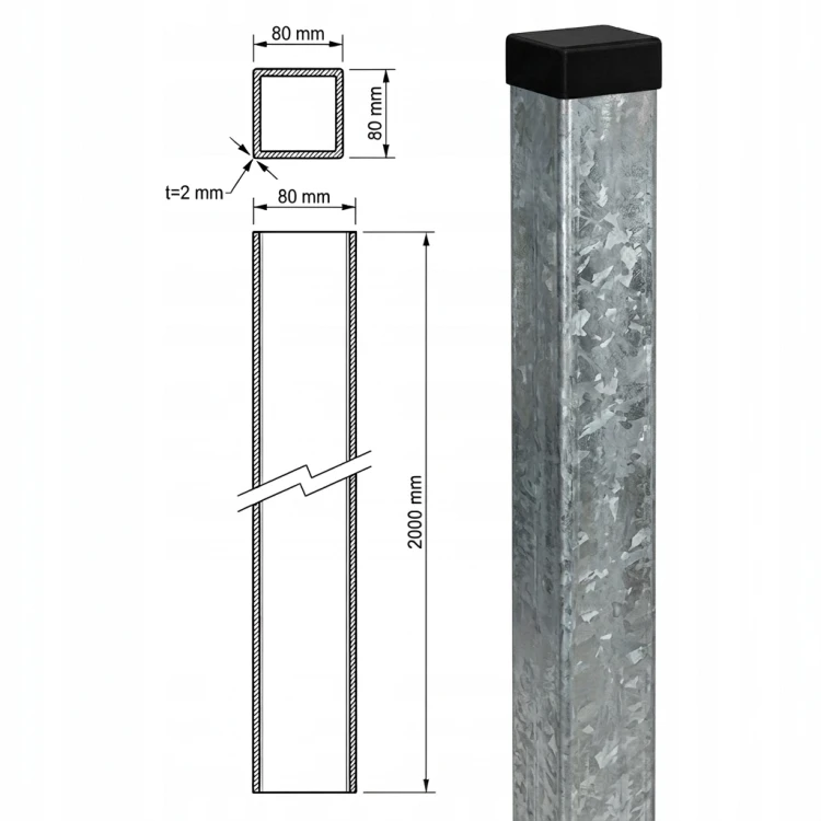 Poste de valla 80x80x2 mm, longitud 2,4 m, galvanizado 000-489 (4)