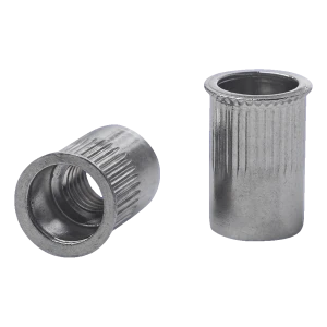 Tuerca remachable pasante M10 A2 – brida cónica reducida, moleteada, AISI 304