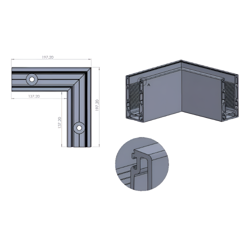 Kozza KE100 – perfil U esquinero interior 90° para barandillas completamente acristaladas, fijación desde arriba 000-854 (2)