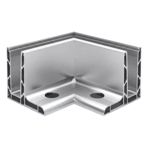 Kozza KE 105 – perfil L esquinero 90° para barandillas totalmente acristaladas, exterior, fijación longitudinal desde arriba