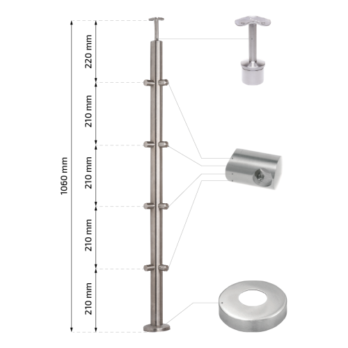 PSG poste de balaustrada esquinero de acero inoxidable AISI 304 ø42,4 mm H1060 mm con soportes para tubos ø12 mm 001-206 (2)
