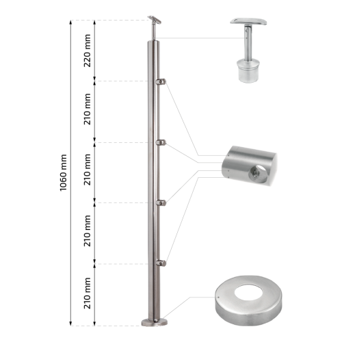 PSG poste de barandilla pasante Ø42,4 mm de acero inoxidable AISI 304 – 4 soportes Ø12, montaje en suelo 001-207 (2)