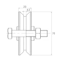 PSG Rueda guía V fi 70×20 mm acero galvanizado para puerta corredera sobre raíl 001-295 (2)