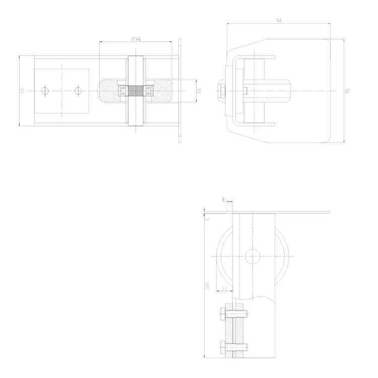 PSG rodillo de entrada 140 mm con terminación para puerta corredera autoportante 001-299 (2)